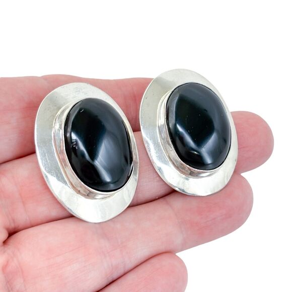 Vintage Mexico Taxco TC-140 Sterling Silver 925 Oval Onyx Clip Earrings - Picture 1 of 9